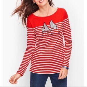 Talbots Red White Striped Long Sleeve Sailboat "Bateau Marseille" Graphic Top‎ L
